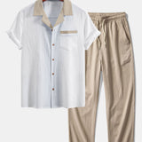 Ensemble — chemise cubaine texturée contrastante & pantalon à jambe droite