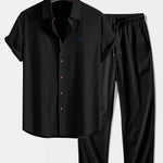 Ensemble — chemise en lin à manches courtes & pantalon texturé froissé à jambe droite