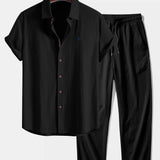 Ensemble — chemise en lin à manches courtes & pantalon texturé froissé à jambe droite