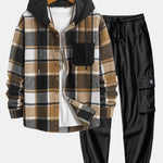 Ensemble — chemise à capuche à carreaux en velours côtelé & pantalon cargo de jogging en velours côtelé à cordon