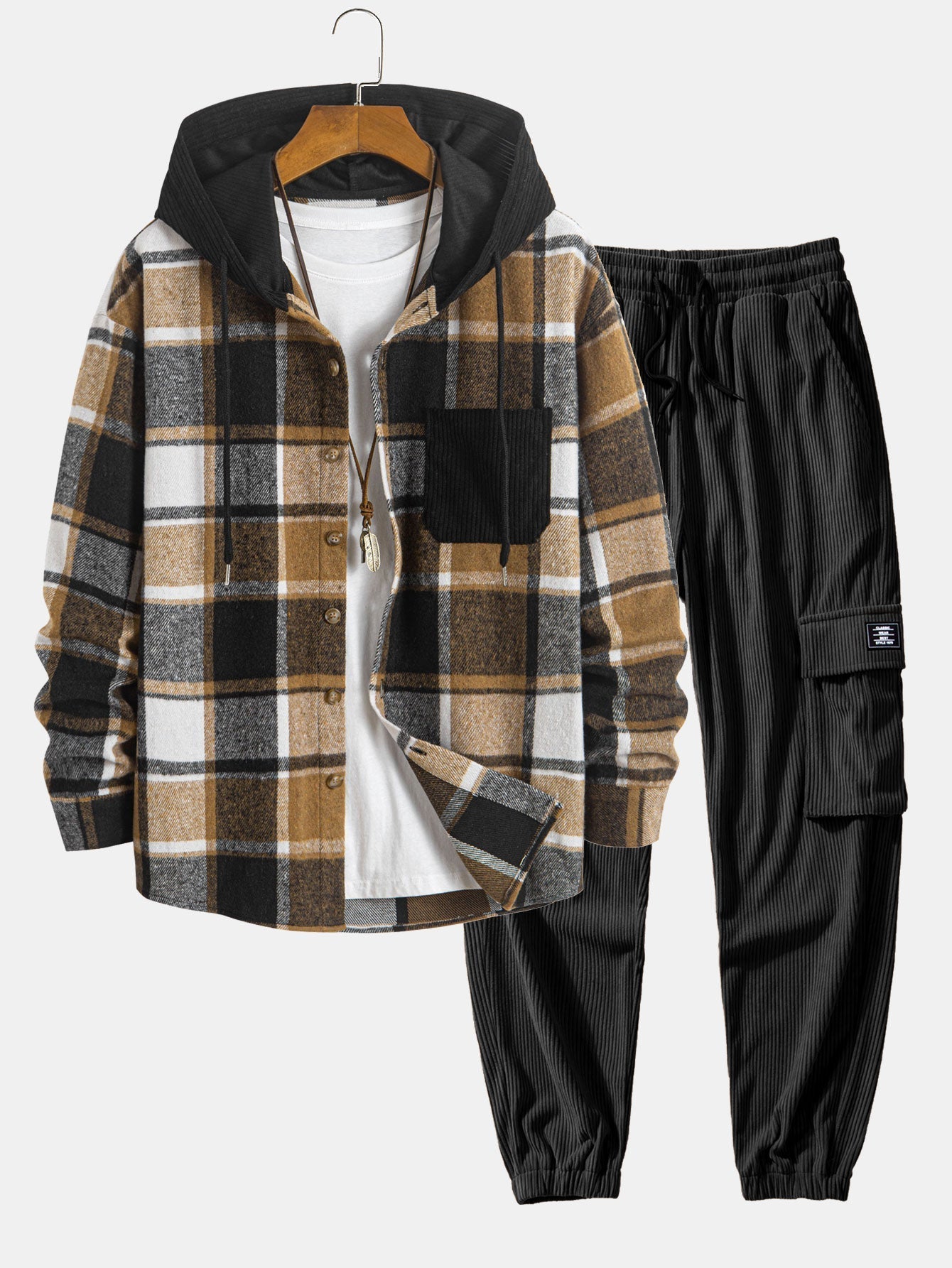 Ensemble — chemise à capuche à carreaux en velours côtelé & pantalon cargo de jogging en velours côtelé à cordon