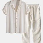 Ensemble — chemise cubaine gaufrée à manches courtes & pantalon en lin à jambe droite