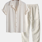 Ensemble — chemise cubaine gaufrée à manches courtes & pantalon en lin à jambe droite