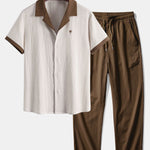 Ensemble — chemise froissée brodée de palmiers contrastants & pantalon texturé froissé