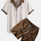Ensemble — chemise froissée brodée de palmiers contrastants & short froissé à cordon