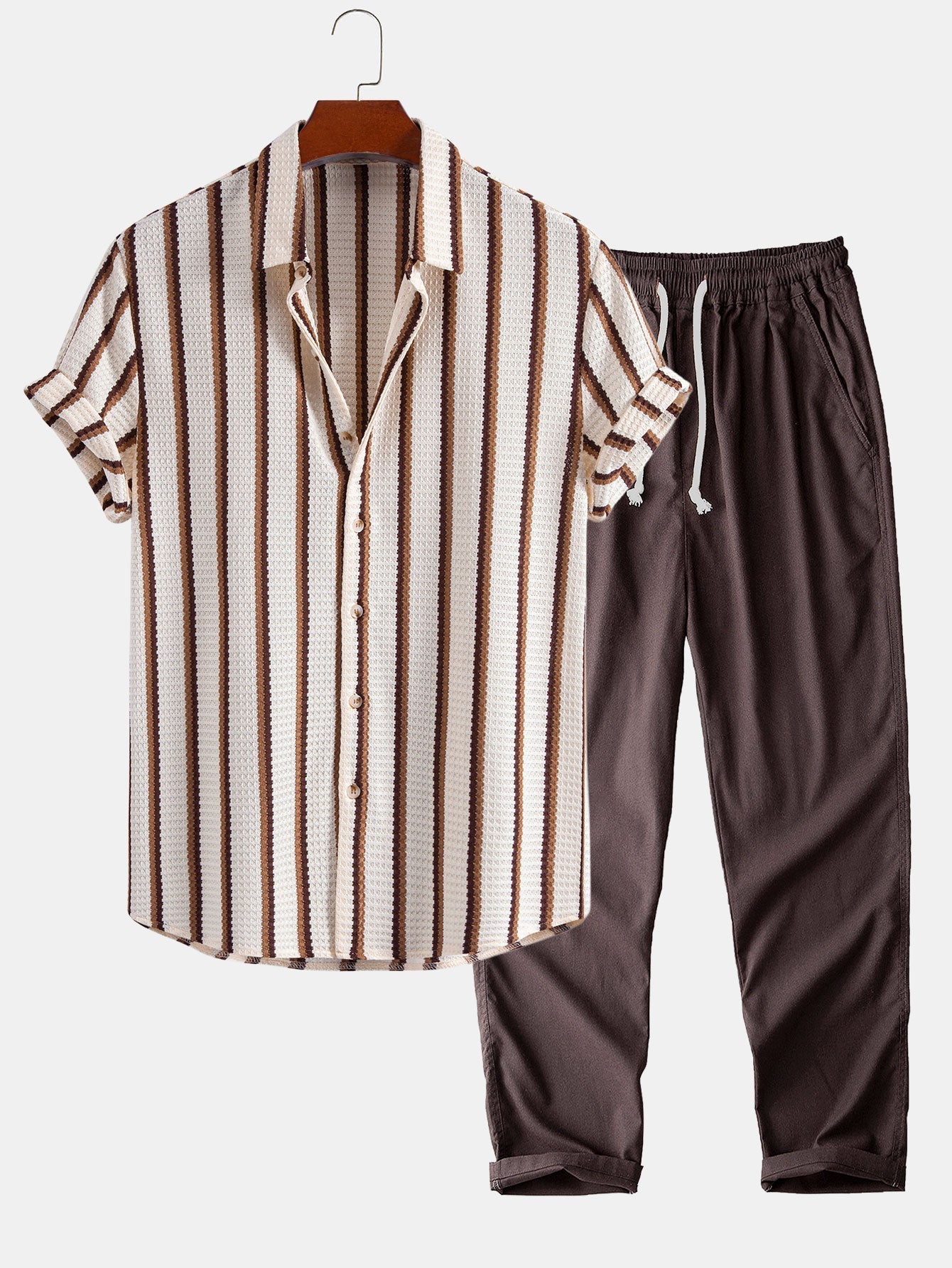 Ensemble — chemise gaufrée rayée & pantalon en lin à jambe droite