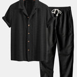 Ensemble — chemise cubaine jacquard à damier floral & pantalon en lin