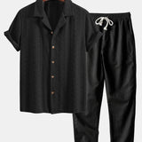 Ensemble — chemise cubaine jacquard à damier floral & pantalon en lin