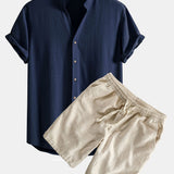 Ensemble — chemise en lin et viscose à col V & short à cordon en lin et coton
