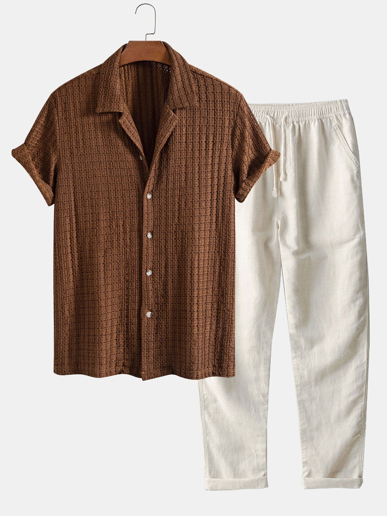 Ensemble Capucine — chemise cubaine texturée jacquard & pantalon en lin à jambe droite