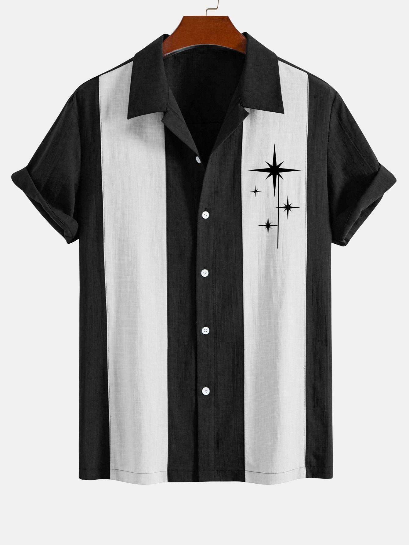 Chemise bowling patchwork en lin à imprimé étoiles mid-century