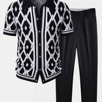 Ensemble — chemise en maille à losanges géométriques rétro & pantalon fuselé coupe slim