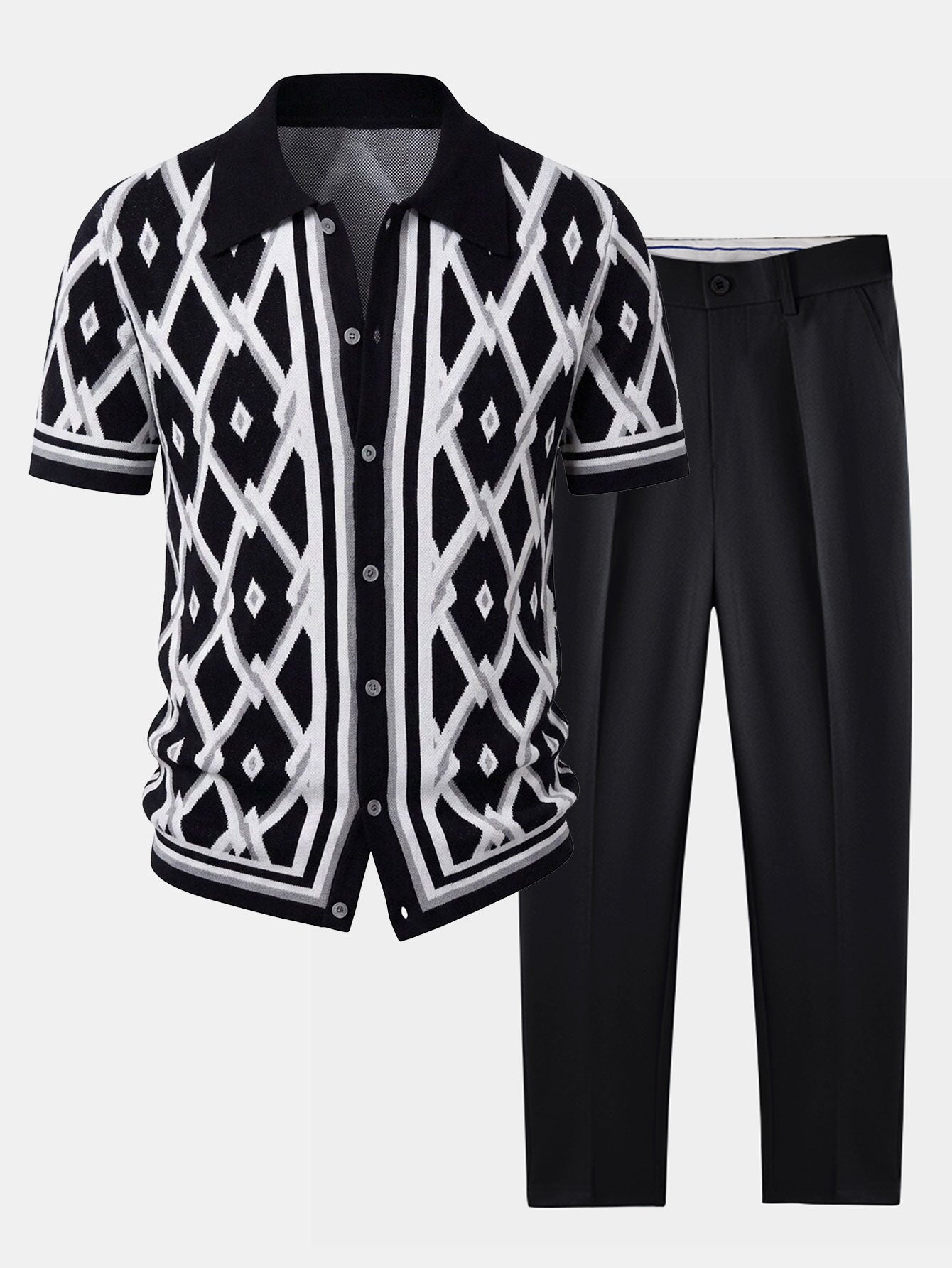 Ensemble — chemise en maille à losanges géométriques rétro & pantalon fuselé coupe slim