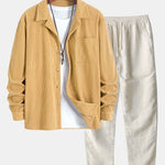Ensemble — chemise en velours côtelé à col cubain et manches longues & pantalon en lin à jambe droite