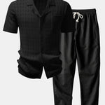 Ensemble — chemise en maille ajourée à carreaux & pantalon en lin à jambe droite