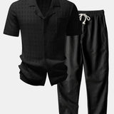 Ensemble — chemise en maille ajourée à carreaux & pantalon en lin à jambe droite