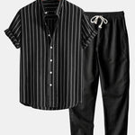 Ensemble — chemise rayée en coton mélangé à col officier & pantalon en lin à jambe droite