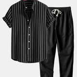 Ensemble — chemise rayée en coton mélangé à col officier & pantalon en lin à jambe droite