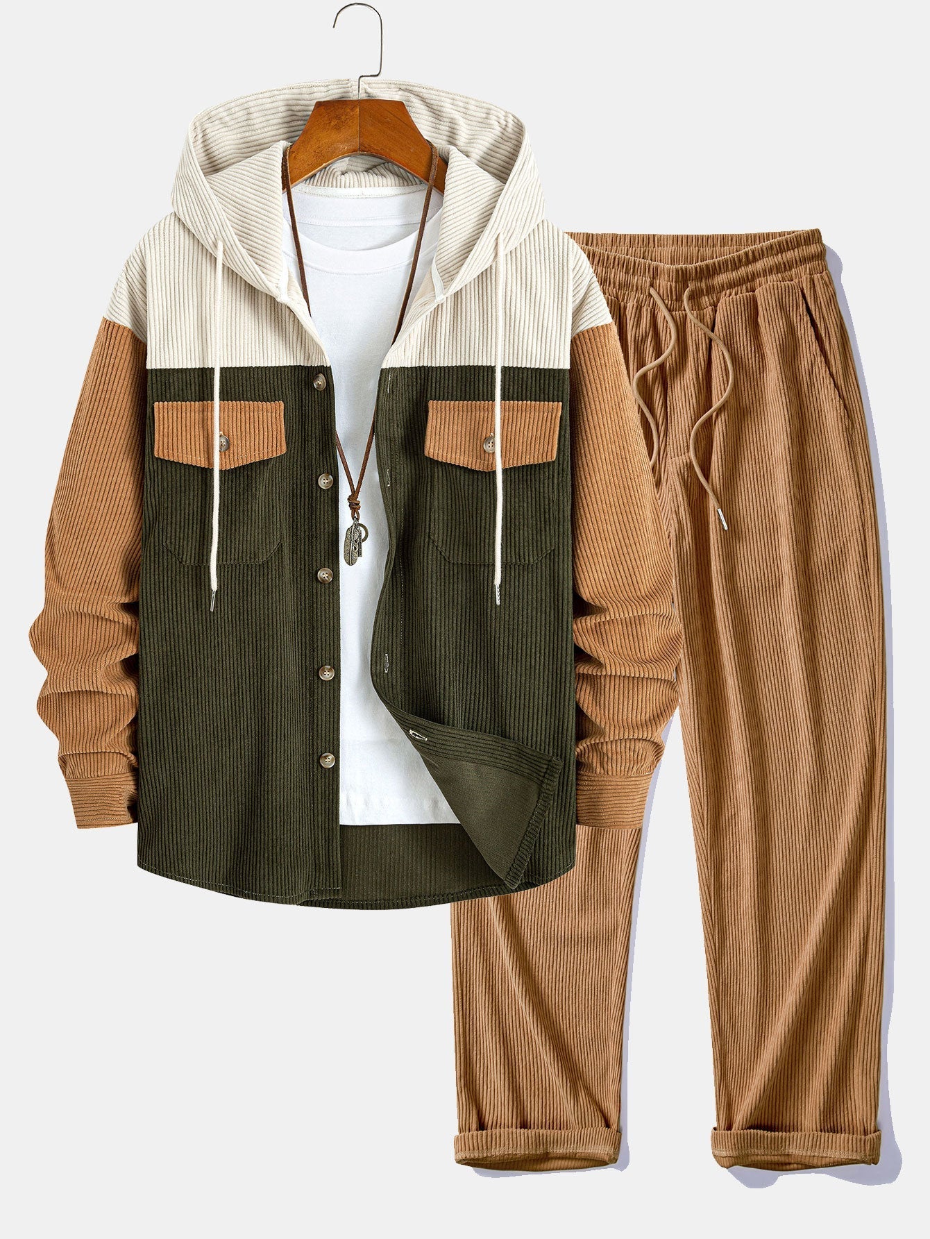 Ensemble — chemise à capuche patchwork en velours côtelé à poches & pantalon en velours côtelé