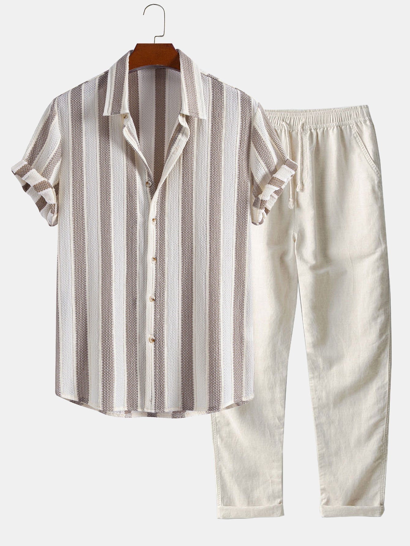 Ensemble Améline — chemise texturée rayée & pantalon en lin à jambe droite