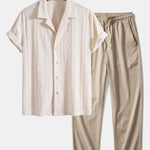 Ensemble — chemise cubaine en maille jacquard à losanges géométriques & pantalon texturé froissé