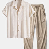 Ensemble — chemise cubaine en maille jacquard à losanges géométriques & pantalon texturé froissé