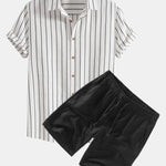 Ensemble — chemise rayée en coton mélangé & short en lin à cordon