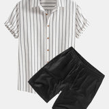 Ensemble — chemise rayée en coton mélangé & short en lin à cordon