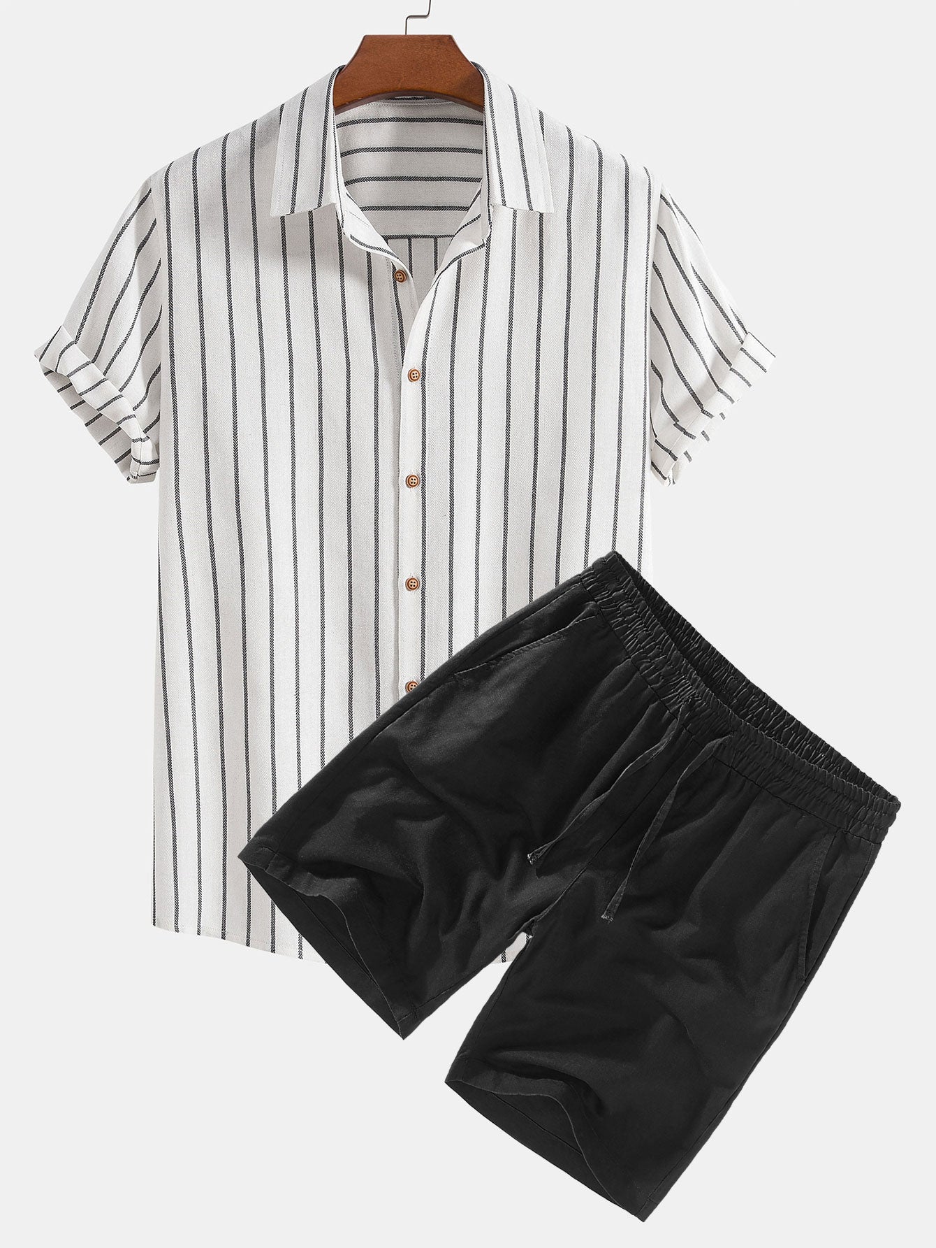 Ensemble — chemise rayée en coton mélangé & short en lin à cordon