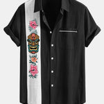 Chemise boutonnée en lin contrastant à imprimé tiki Hawaï