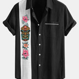 Chemise boutonnée en lin contrastant à imprimé tiki Hawaï
