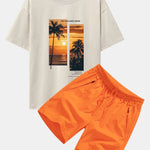Ensemble — t-shirt oversize à imprimé paysage de palmiers et slogan & short de bain