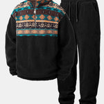 Ensemble — sweat en laine teddy à col zippé et patchwork géométrique ethnique & pantalon de jogging en velours côtelé