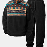 Ensemble — sweat en laine teddy à col zippé et patchwork géométrique ethnique & pantalon de jogging en velours côtelé