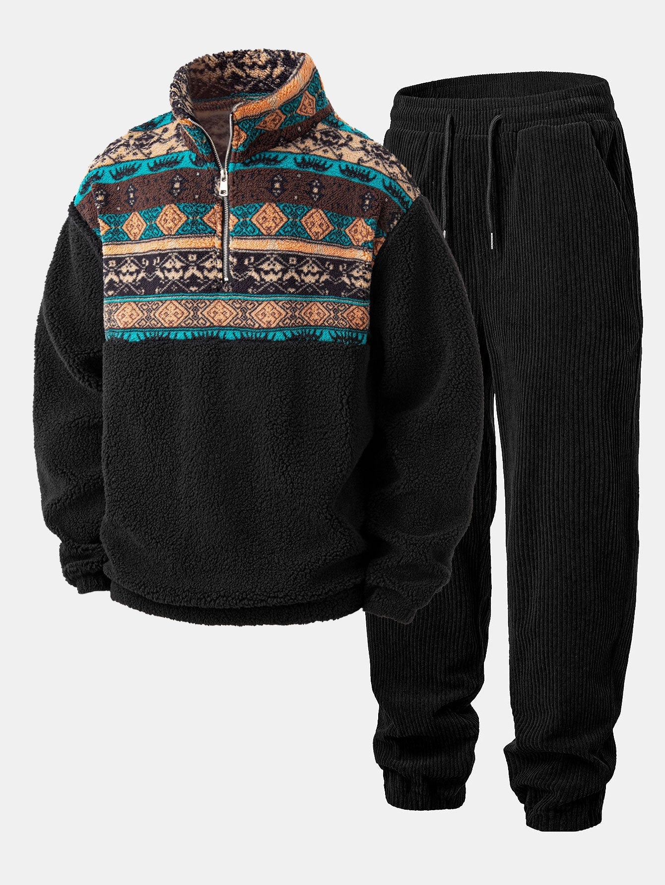 Ensemble — sweat en laine teddy à col zippé et patchwork géométrique ethnique & pantalon de jogging en velours côtelé