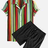 Ensemble Capucine — chemise cubaine gaufrée à rayures colorées & short de bain