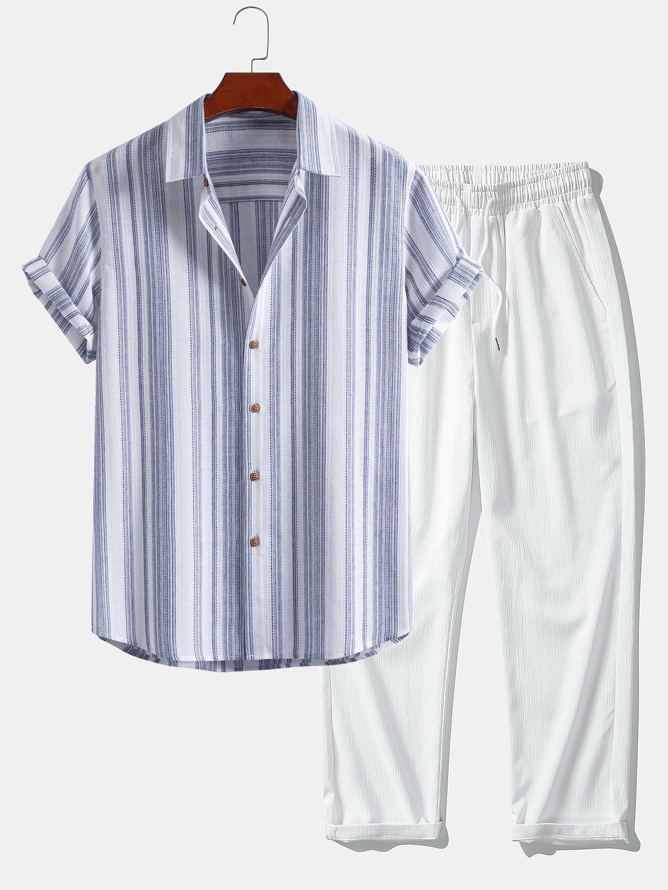 Ensemble — chemise en lin rayé & pantalon texturé froissé à jambe droite
