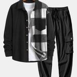 Ensemble — chemise patchwork à carreaux en velours côtelé & pantalon cargo de jogging en velours côtelé à cordon