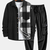 Ensemble — chemise patchwork à carreaux en velours côtelé & pantalon cargo de jogging en velours côtelé à cordon