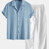 Ensemble — chemise cubaine en éponge à texture animale & pantalon en lin à jambe droite