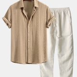 Ensemble — chemise jacquard géométrique & pantalon en lin à jambe droite