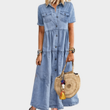 Robe Longue en Jean Boutonnée à Manches Courtes
