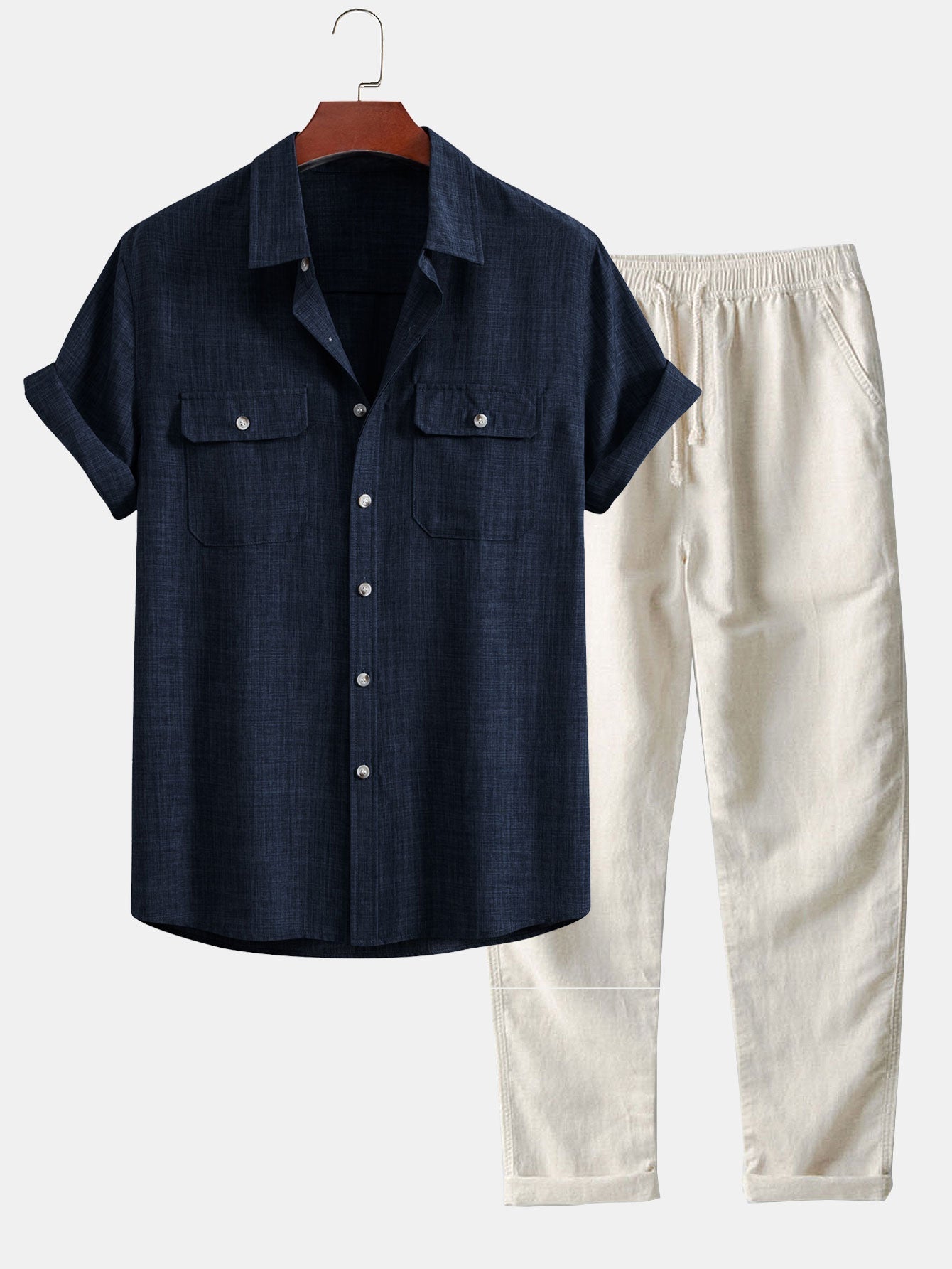 Ensemble Capucine — chemise texturée à deux poches & pantalon en lin à jambe droite