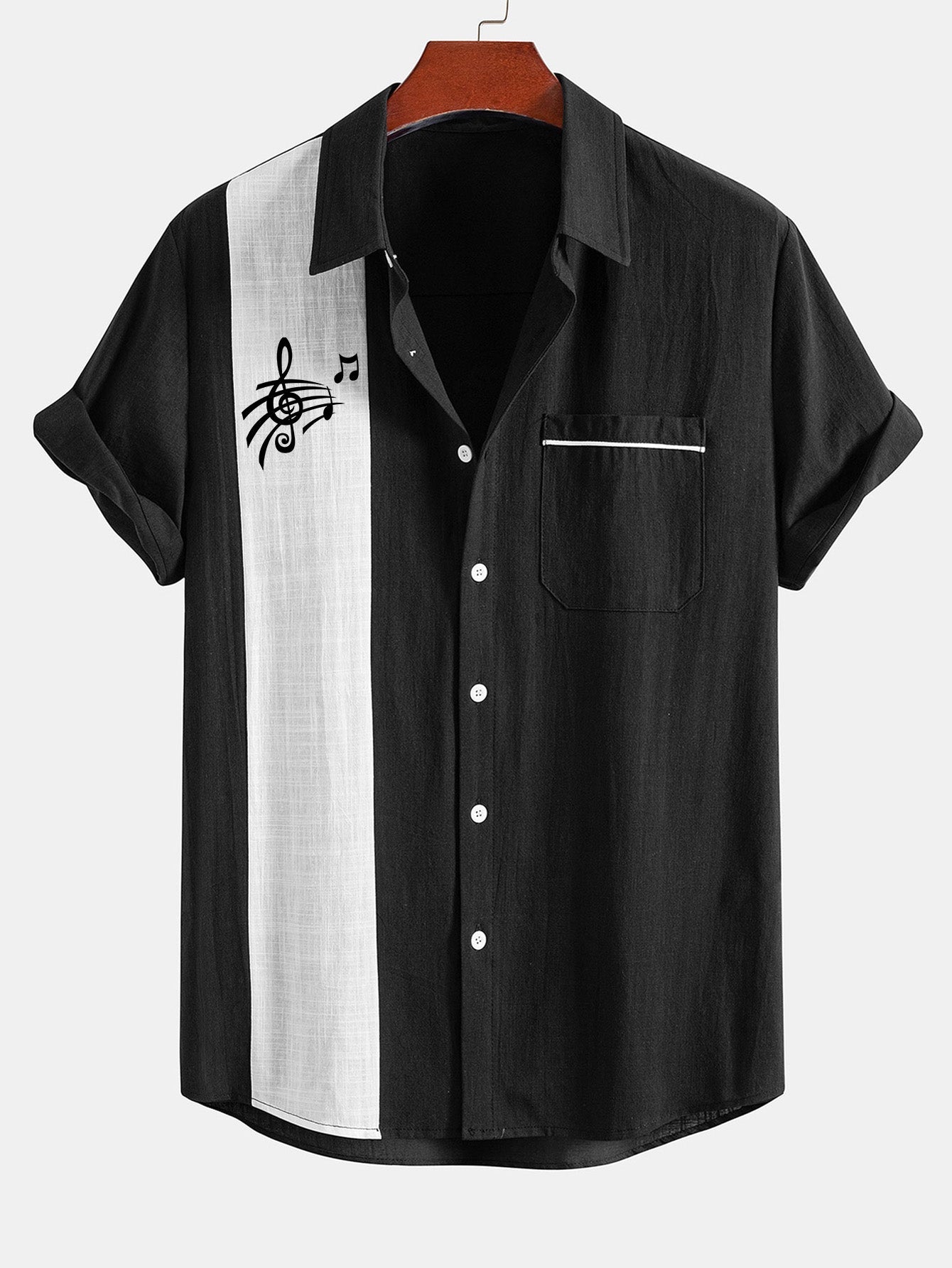Chemise boutonnée en lin contrastant à imprimé notes de musique