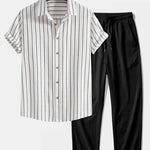 Ensemble — chemise rayée en coton mélangé & pantalon texturé froissé à jambe droite