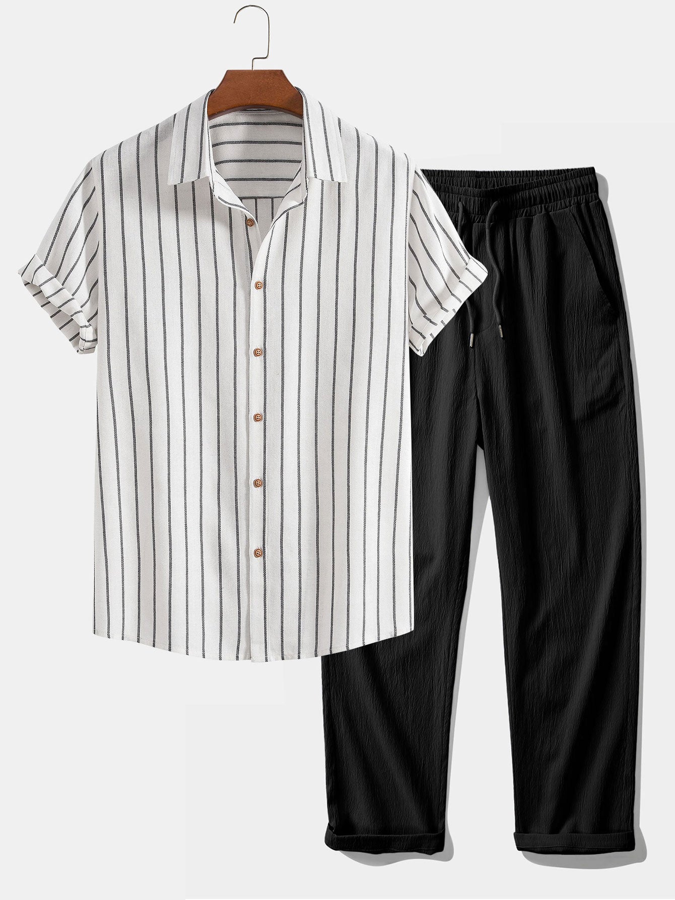 Ensemble — chemise rayée en coton mélangé & pantalon texturé froissé à jambe droite