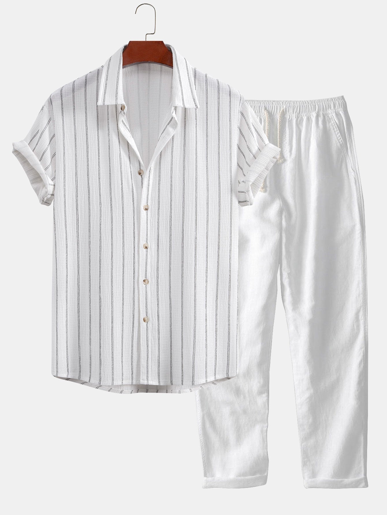 Ensemble Capucine — chemise texturée rayée & pantalon en lin à jambe droite