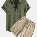 Ensemble — chemise utilitaire à poches en lin et viscose & short texturé froissé à cordon