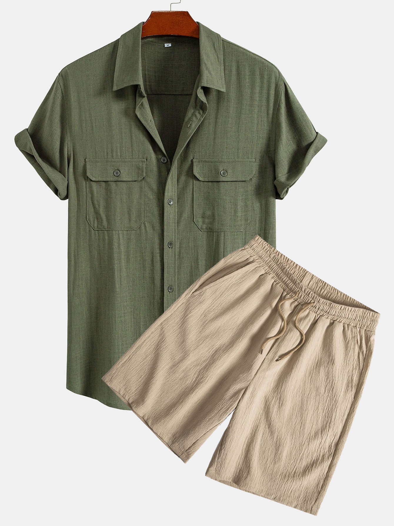 Ensemble — chemise utilitaire à poches en lin et viscose & short texturé froissé à cordon