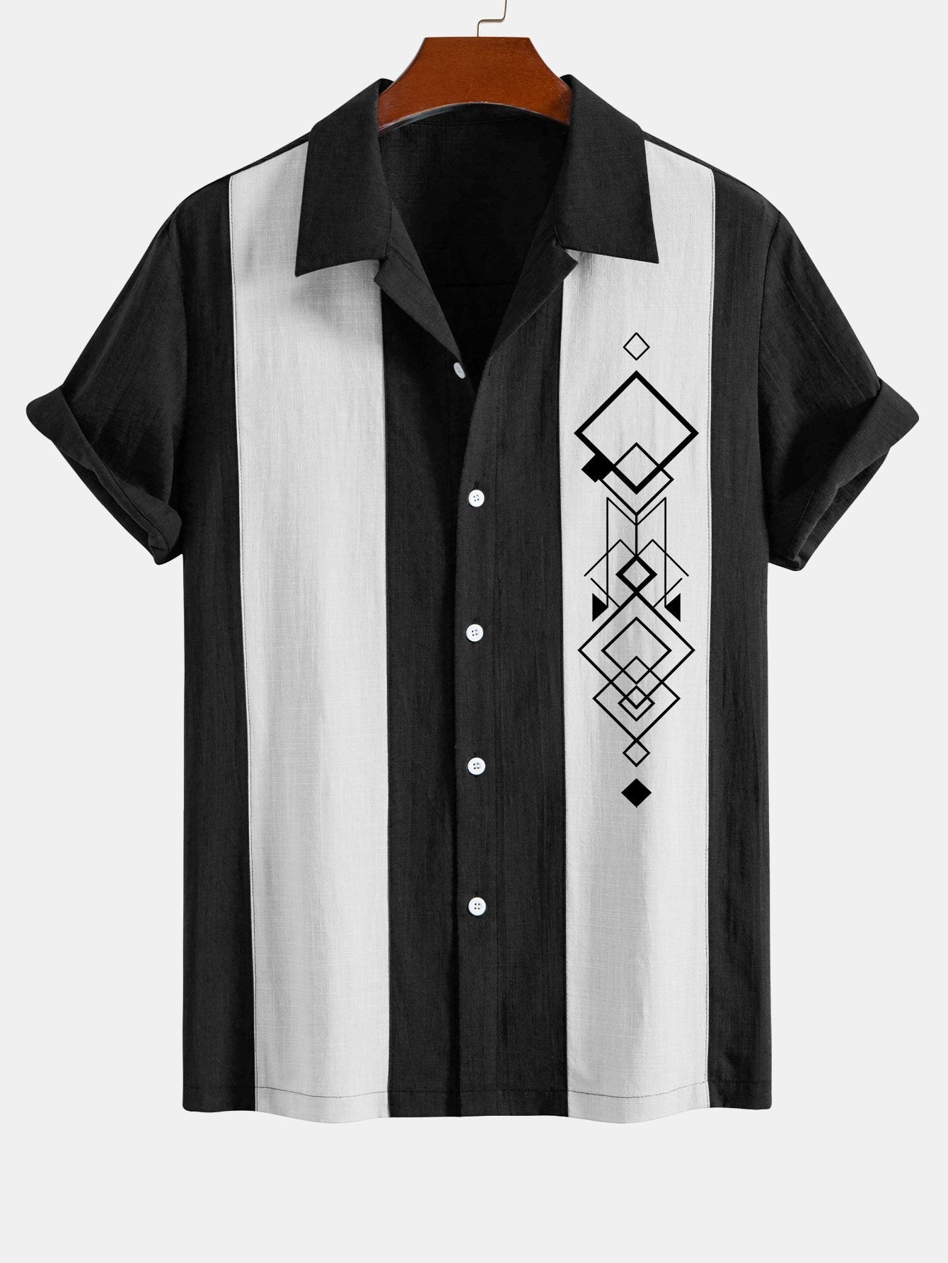 Améline — Chemise bowling patchwork en lin à imprimé losanges géométriques